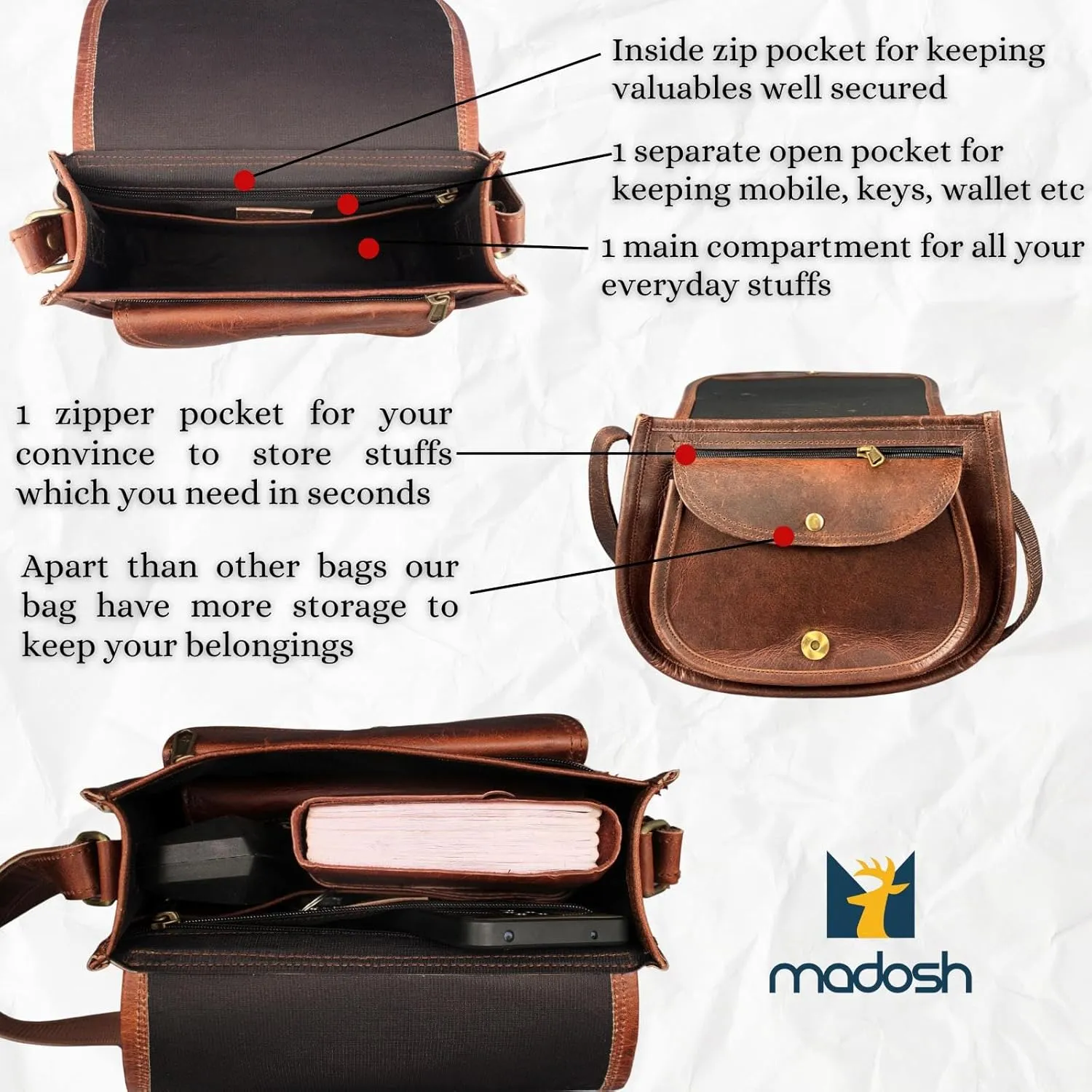Madosh, Saddle Bag For Women Genuine Leather Crossbody Bag Girls Sling Purse Ladies Cross-Over Small Handbag