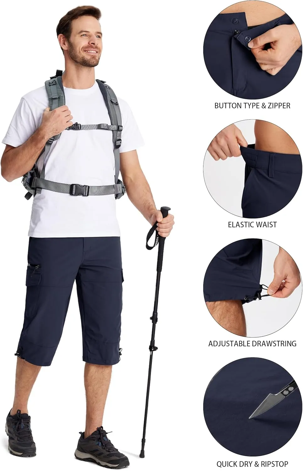 MAGCOMSEN Men's Workout Shorts 7 Pockets Quick Dry 3/4 Capri Pants Zipper Pockets Hiking Athletic Shorts