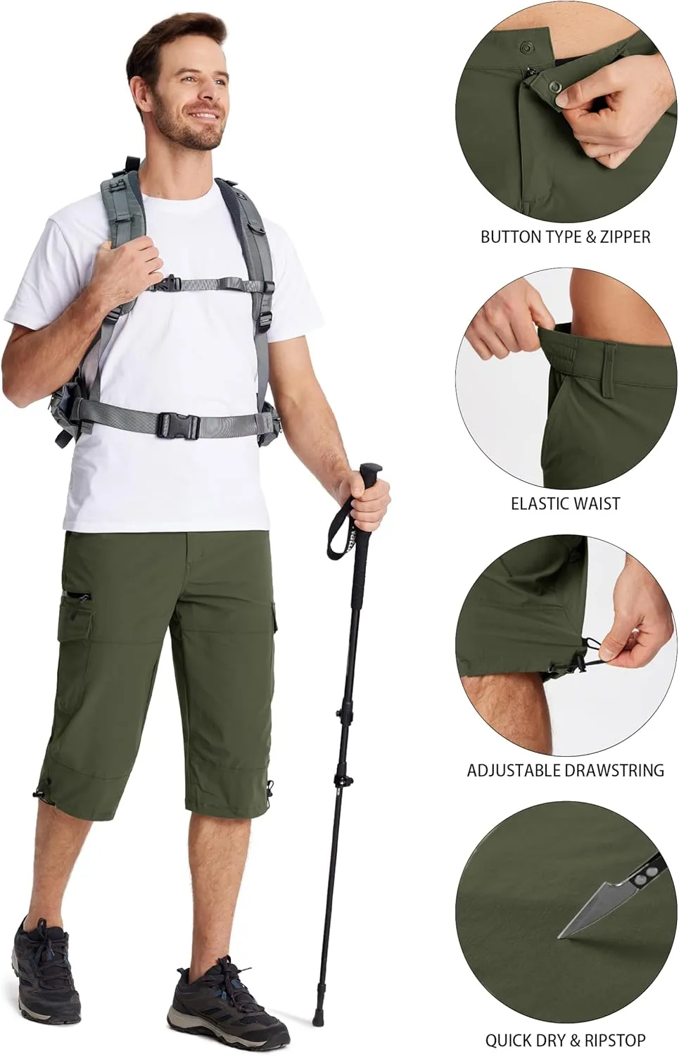 MAGCOMSEN Men's Workout Shorts 7 Pockets Quick Dry 3/4 Capri Pants Zipper Pockets Hiking Athletic Shorts