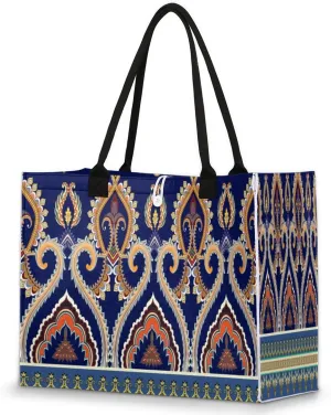 Mandala Palace Embroidery Beach Tote Bag for Women Large Compartment Reusable Grocery Shopping Bags Casual Shoulder Portable Tote Handbag for Travel Work Gym Daily