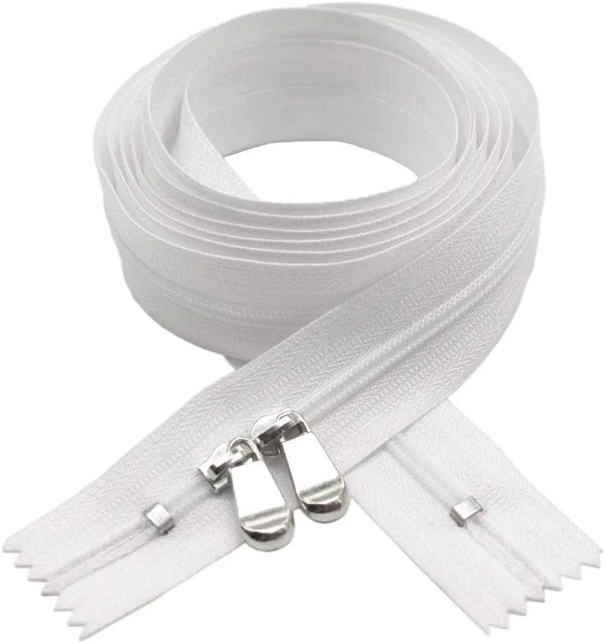 MebuZip 2PCS 79" White #3 Double Slider Zippers Head to Head Closed End Nylon Coil Zippers for Sewing, Bedding Bag, Pillowcases, Bed Sacks (200cm 2pcs)