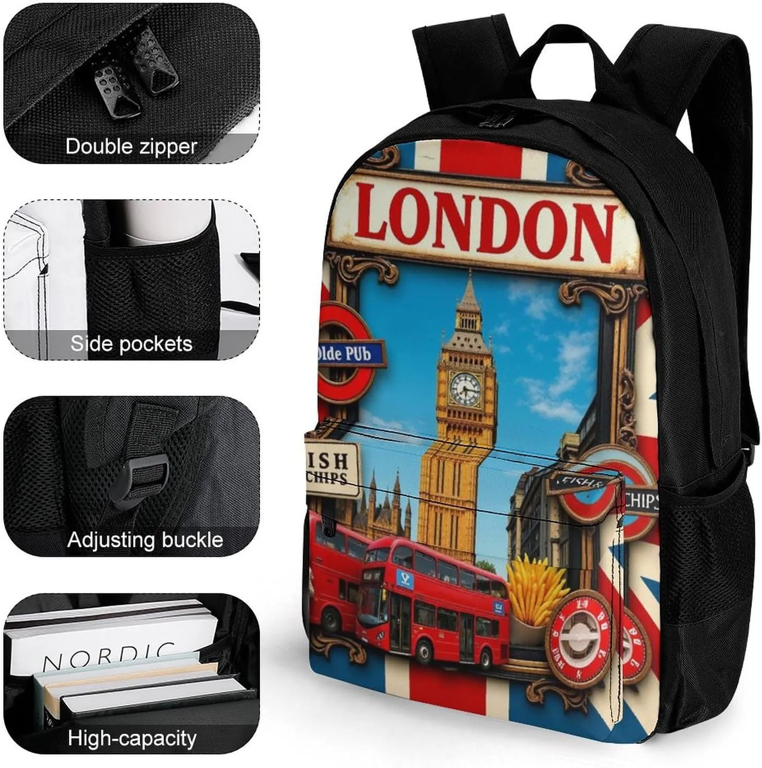Men Women Polyester British Flag London Daypack Big Capacity Shoulder Bag With Smooth Zippers for Hiking Work Walking Cycling