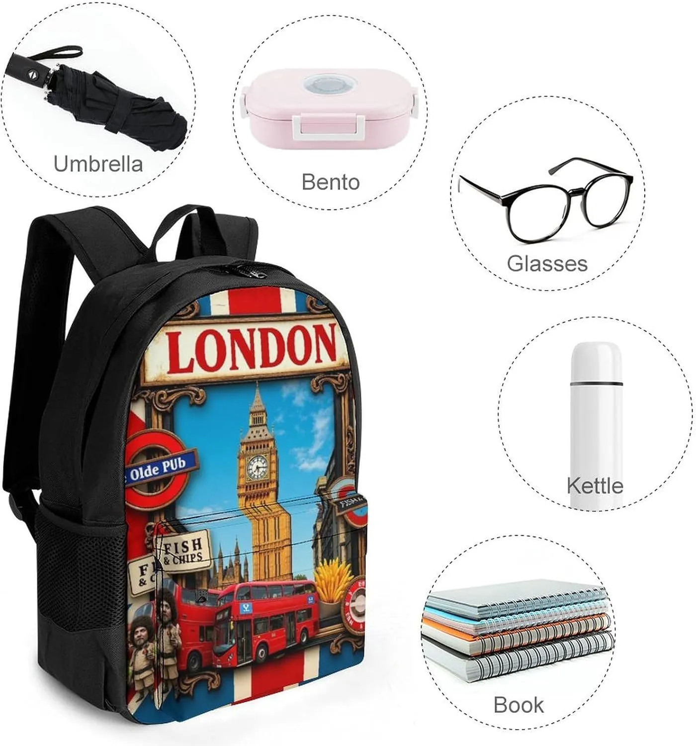 Men Women Polyester British Flag London Daypack Big Capacity Shoulder Bag With Smooth Zippers for Hiking Work Walking Cycling