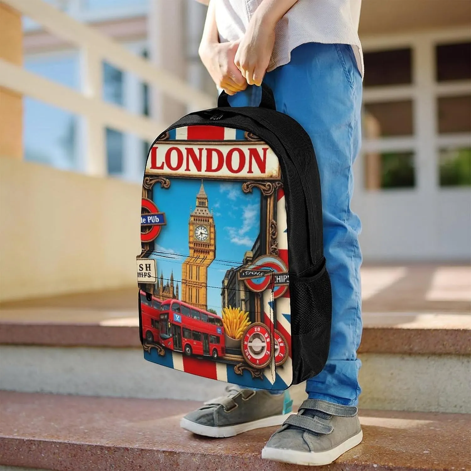 Men Women Polyester British Flag London Daypack Big Capacity Shoulder Bag With Smooth Zippers for Hiking Work Walking Cycling