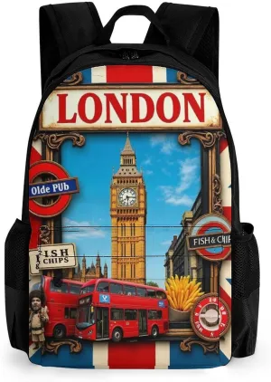 Men Women Polyester British Flag London Daypack Big Capacity Shoulder Bag With Smooth Zippers for Hiking Work Walking Cycling