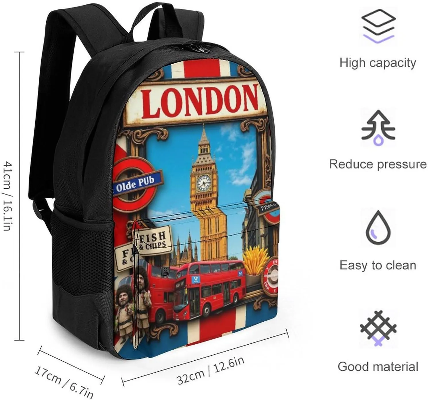 Men Women Polyester British Flag London Daypack Big Capacity Shoulder Bag With Smooth Zippers for Hiking Work Walking Cycling