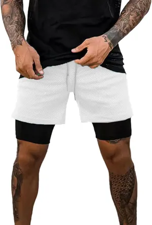Men’s 2 in 1 Running Shorts with Pockets Quick Dry Breathable Active Gym Workout Shorts