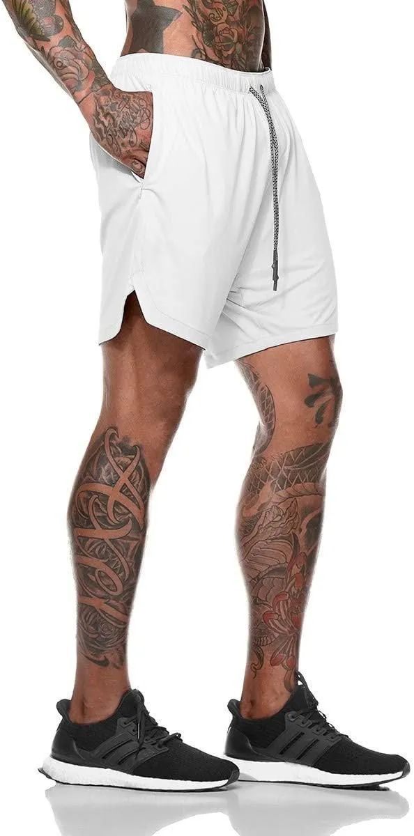 Men’s 2 in 1 Running Shorts with Pockets Quick Dry Breathable Active Gym Workout Shorts