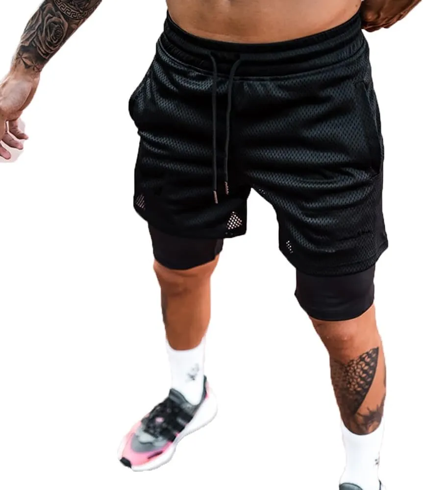 Men’s 2 in 1 Running Shorts with Pockets Quick Dry Breathable Active Gym Workout Shorts