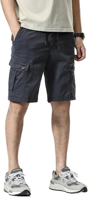 Men's Button Pockets Cargo Shorts Summer Drawstring Cotton Work Shorts