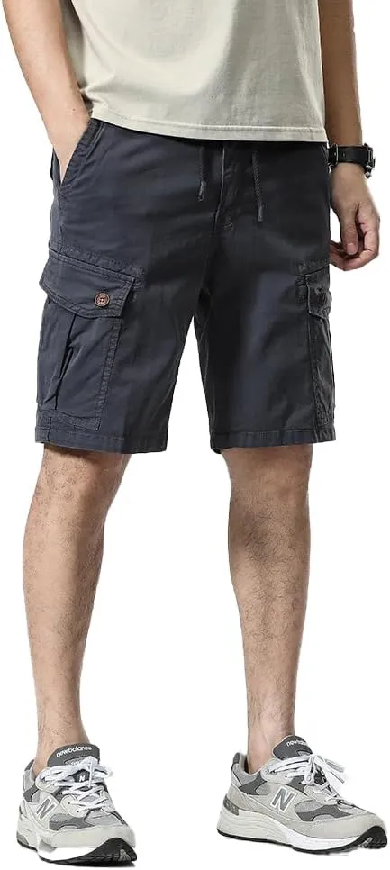 Men's Button Pockets Cargo Shorts Summer Drawstring Cotton Work Shorts