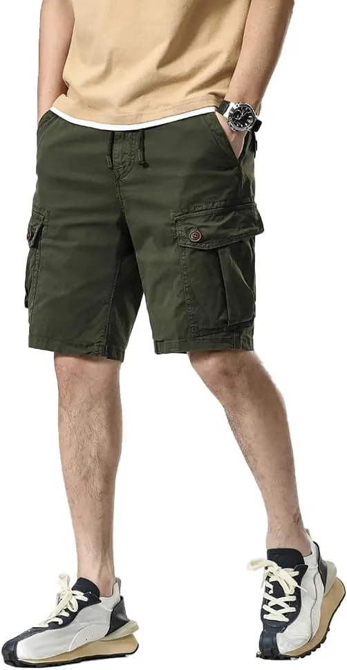 Men's Button Pockets Cargo Shorts Summer Drawstring Cotton Work Shorts