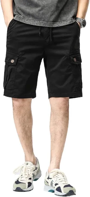 Men's Button Pockets Cargo Shorts Summer Drawstring Cotton Work Shorts