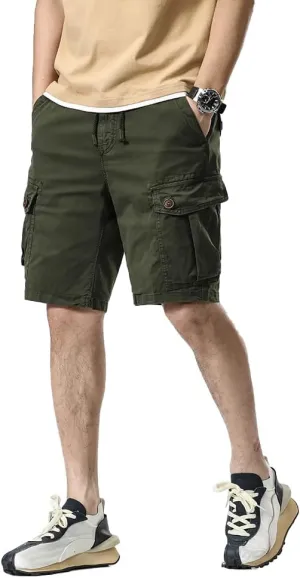 Men's Button Pockets Cargo Shorts Summer Drawstring Cotton Work Shorts