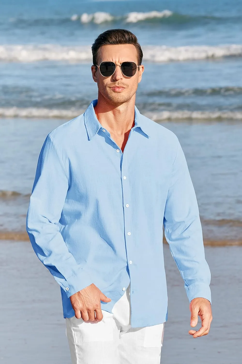 Mens Button Up Shirts Long Sleeve Linen Beach Casual Cotton Summer Lightweight Tops