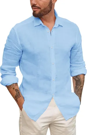 Mens Button Up Shirts Long Sleeve Linen Beach Casual Cotton Summer Lightweight Tops