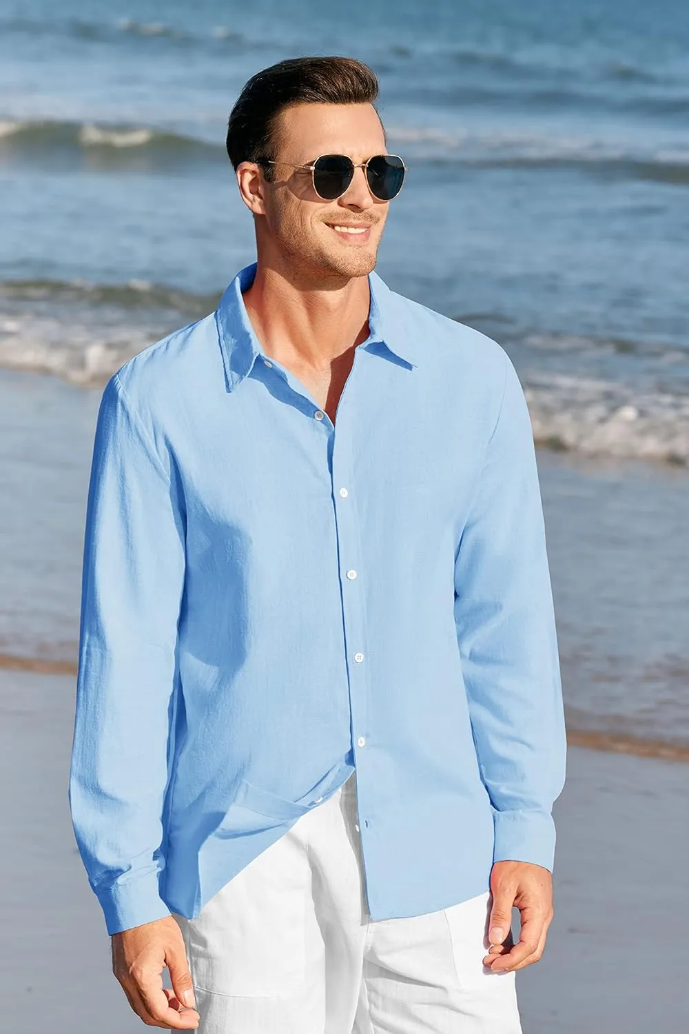 Mens Button Up Shirts Long Sleeve Linen Beach Casual Cotton Summer Lightweight Tops