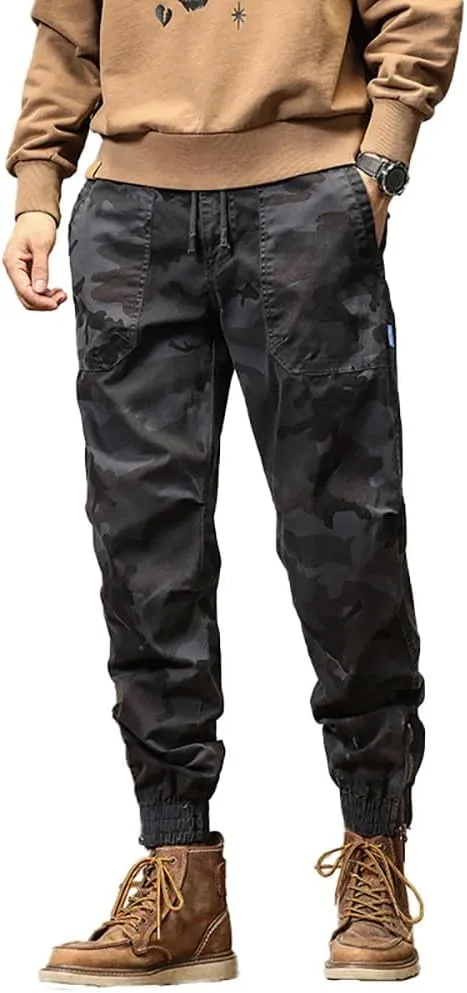 Men's Camouflage Cargo Pants Drawstring Cotton Regular Fit Military Pants with Pockets