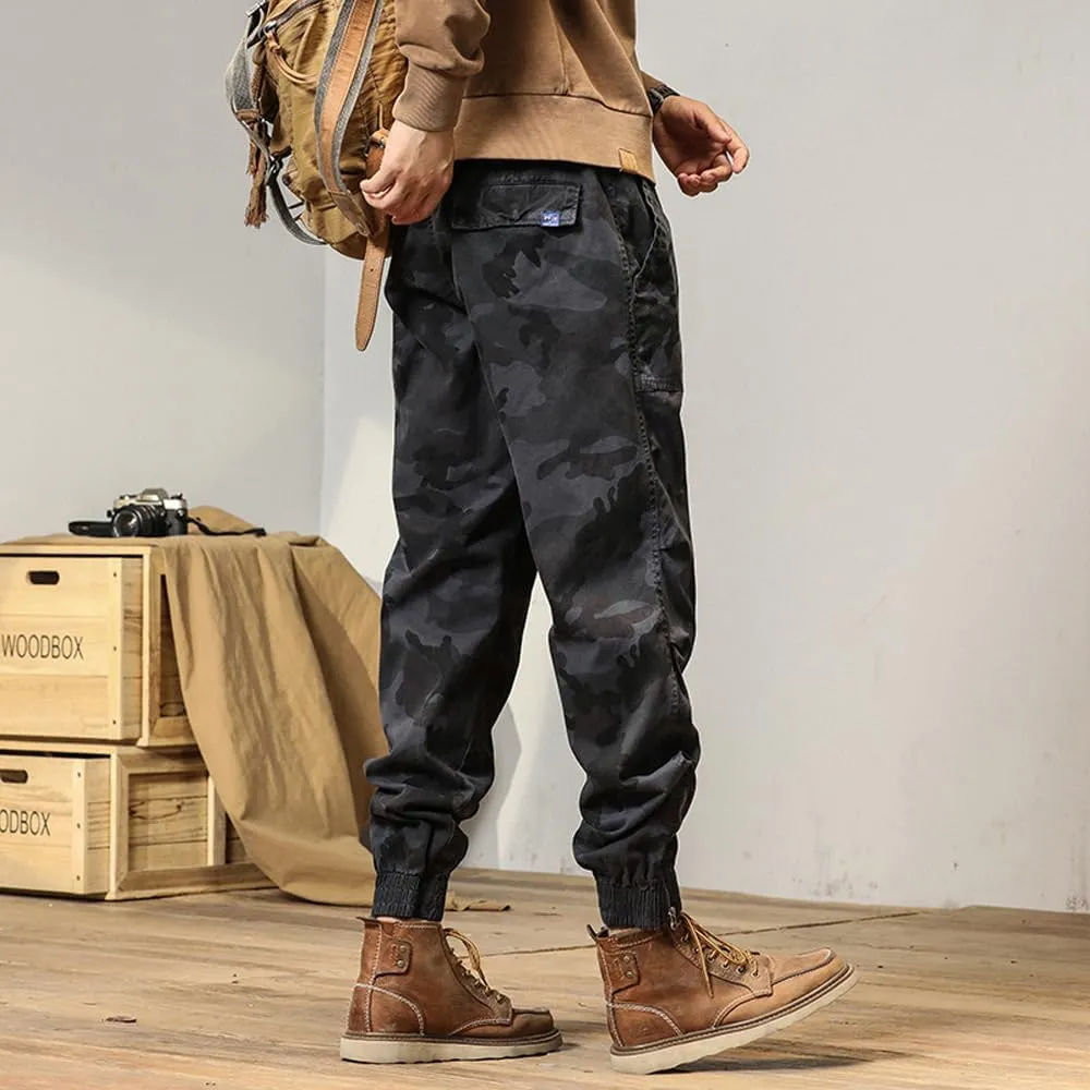 Men's Camouflage Cargo Pants Drawstring Cotton Regular Fit Military Pants with Pockets
