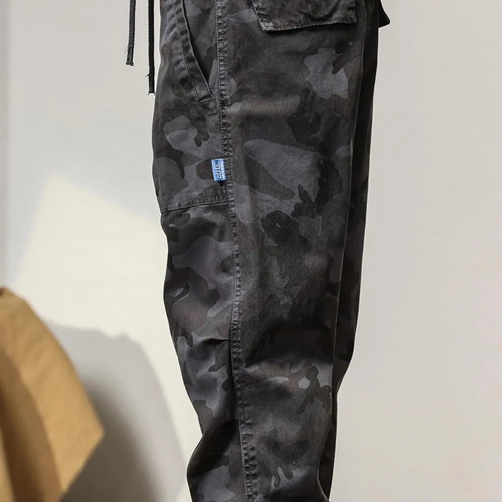 Men's Camouflage Cargo Pants Drawstring Cotton Regular Fit Military Pants with Pockets