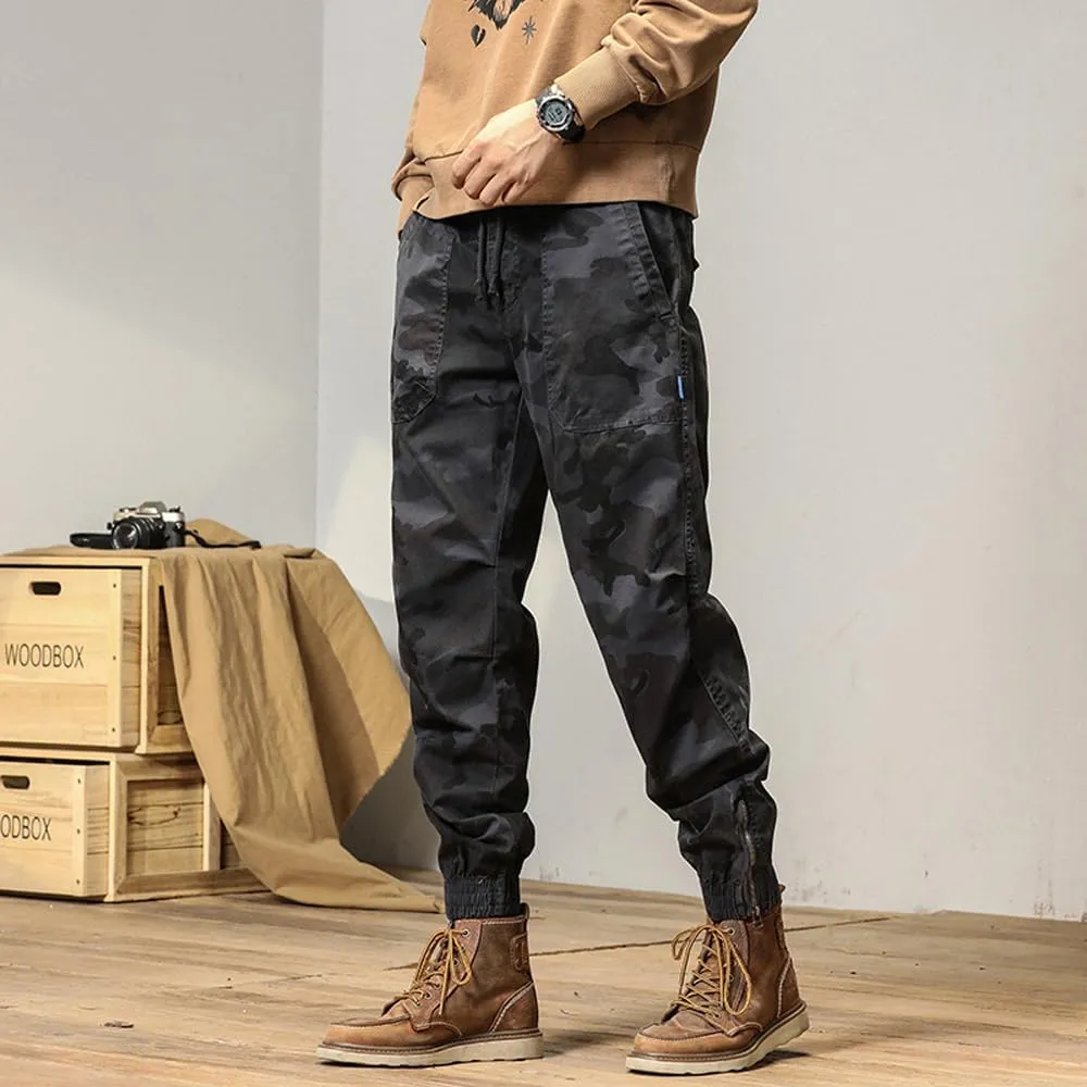 Men's Camouflage Cargo Pants Drawstring Cotton Regular Fit Military Pants with Pockets