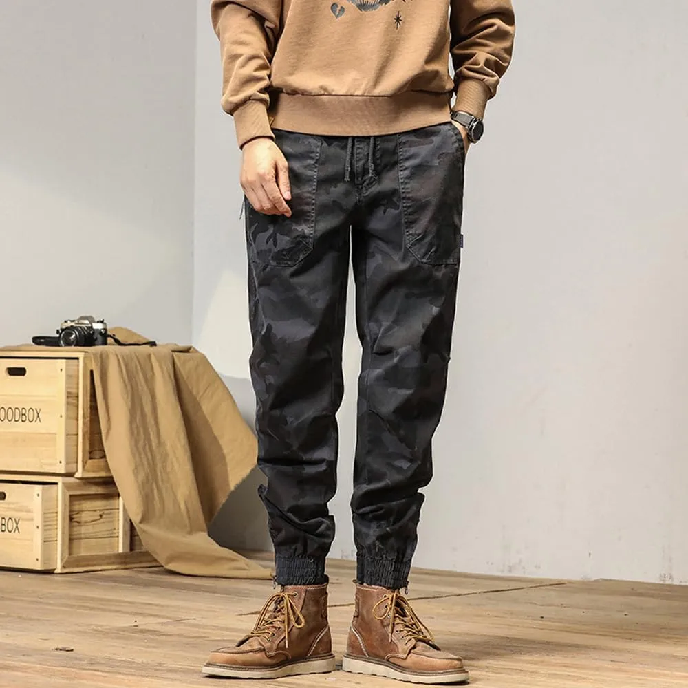 Men's Camouflage Cargo Pants Drawstring Cotton Regular Fit Military Pants with Pockets