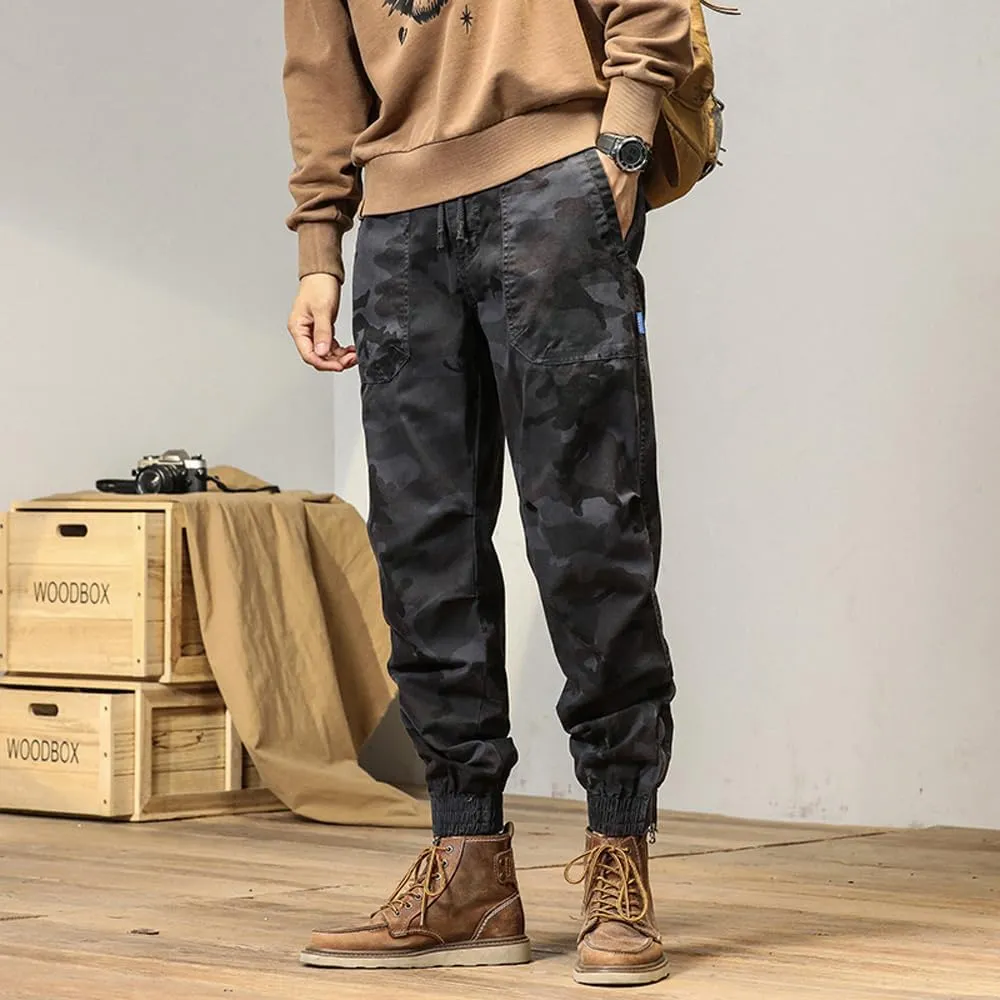 Men's Camouflage Cargo Pants Drawstring Cotton Regular Fit Military Pants with Pockets