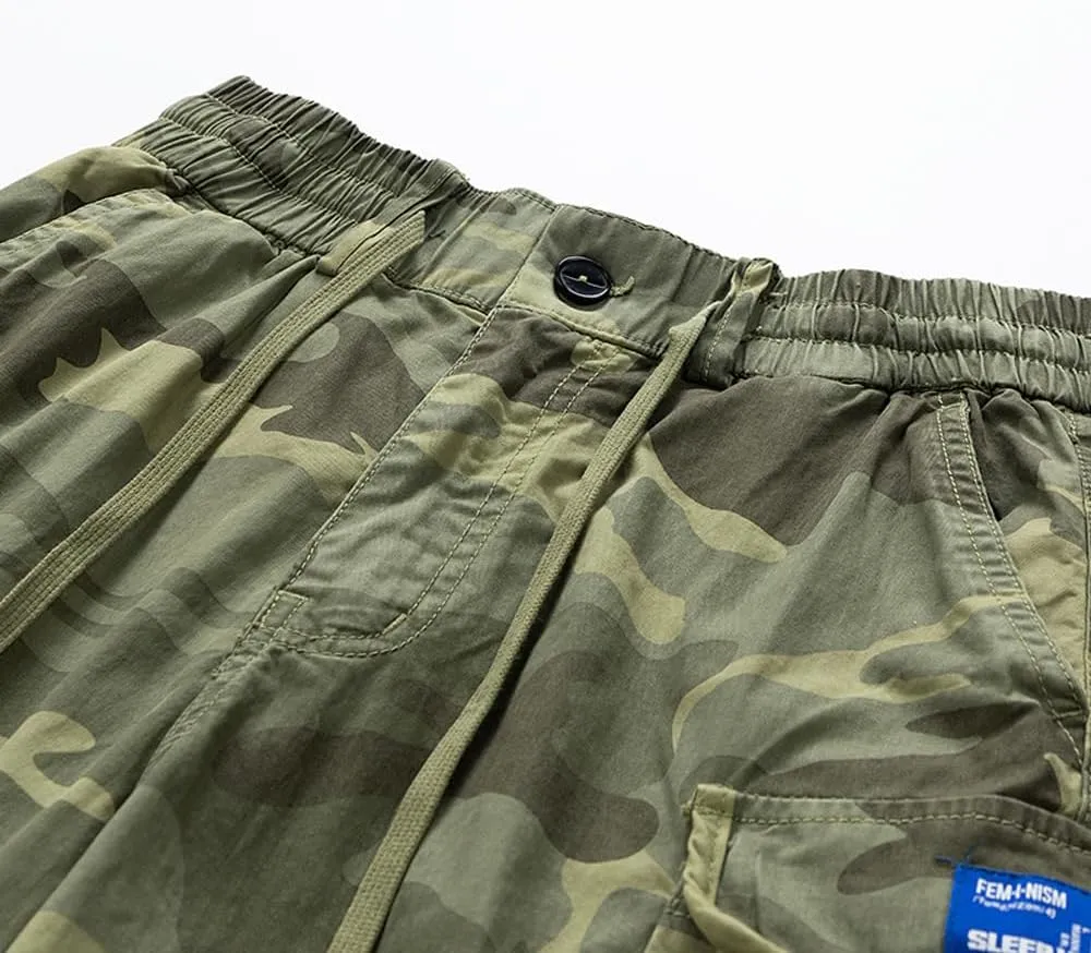 Men's Camouflage Military Cargo Shorts Summer Multi Pockets Drawstring Cotton Work Shorts