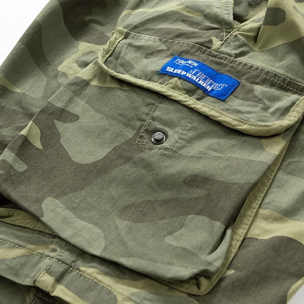 Men's Camouflage Military Cargo Shorts Summer Multi Pockets Drawstring Cotton Work Shorts