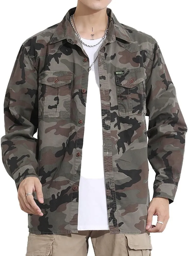 Men's Camouflage Military Shirt Cotton Relaxed Fit Long Sleeves Casual Shirt