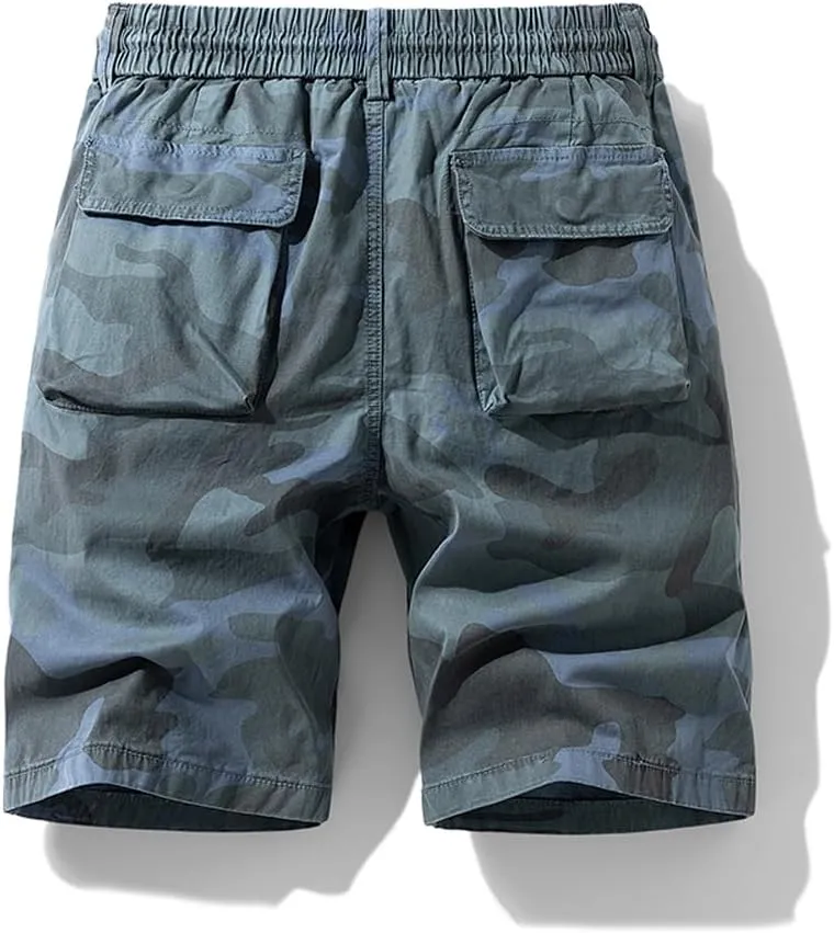 Men's Camouflage Tactical Cargo Shorts Summer Large Pockets Drawstring Cotton Hiking Shorts