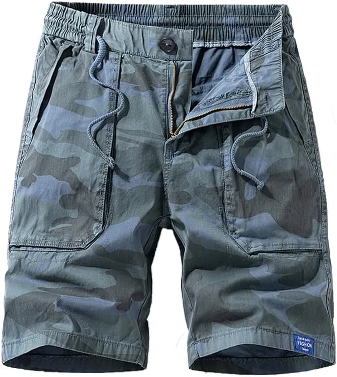 Men's Camouflage Tactical Cargo Shorts Summer Large Pockets Drawstring Cotton Hiking Shorts