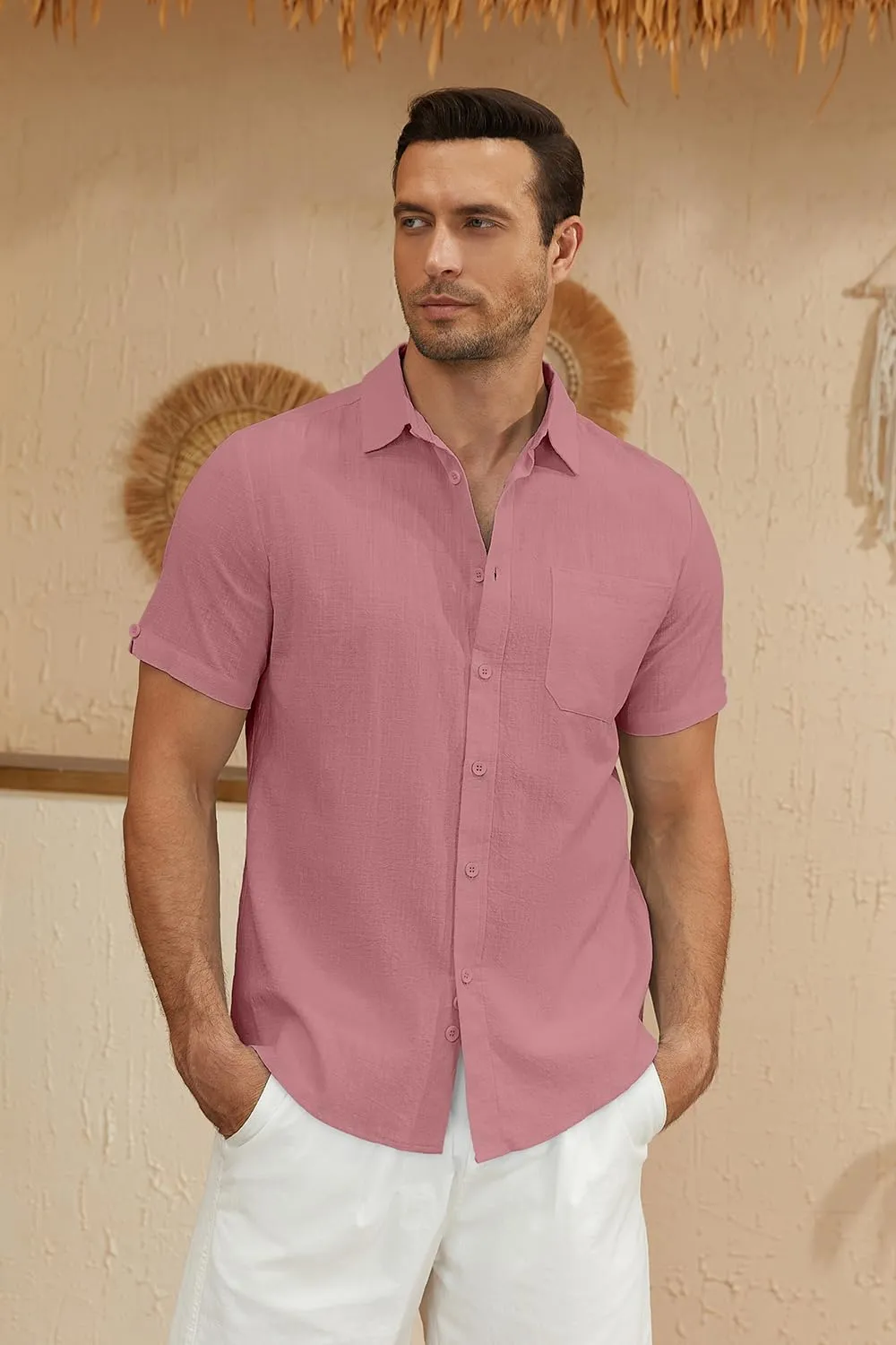 Mens Casual Button Down Shirts Short Sleeve Cotton Dress Shirt