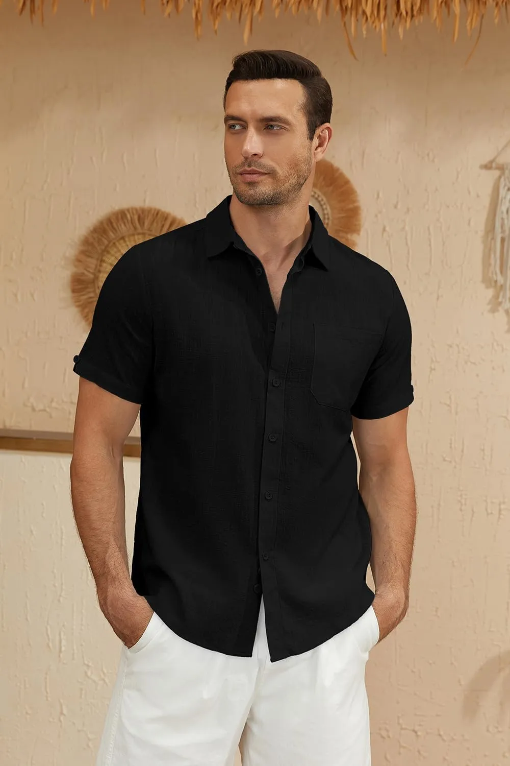 Mens Casual Button Down Shirts Short Sleeve Cotton Dress Shirt