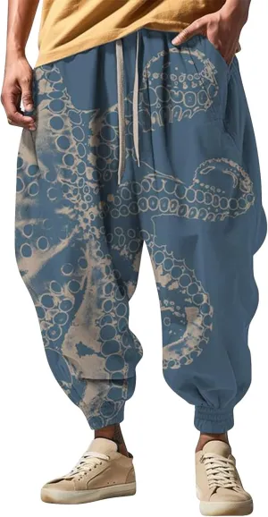 Mens Casual Harem Pants Fashion Street Feel Casual Sweatpants Mens Japanese Art Graphic Printed Casual Pants Linen