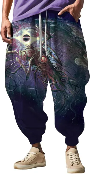 Mens Casual Harem Pants Fashion Street Feel Casual Sweatpants Mens Japanese Art Graphic Printed Casual Pants Linen