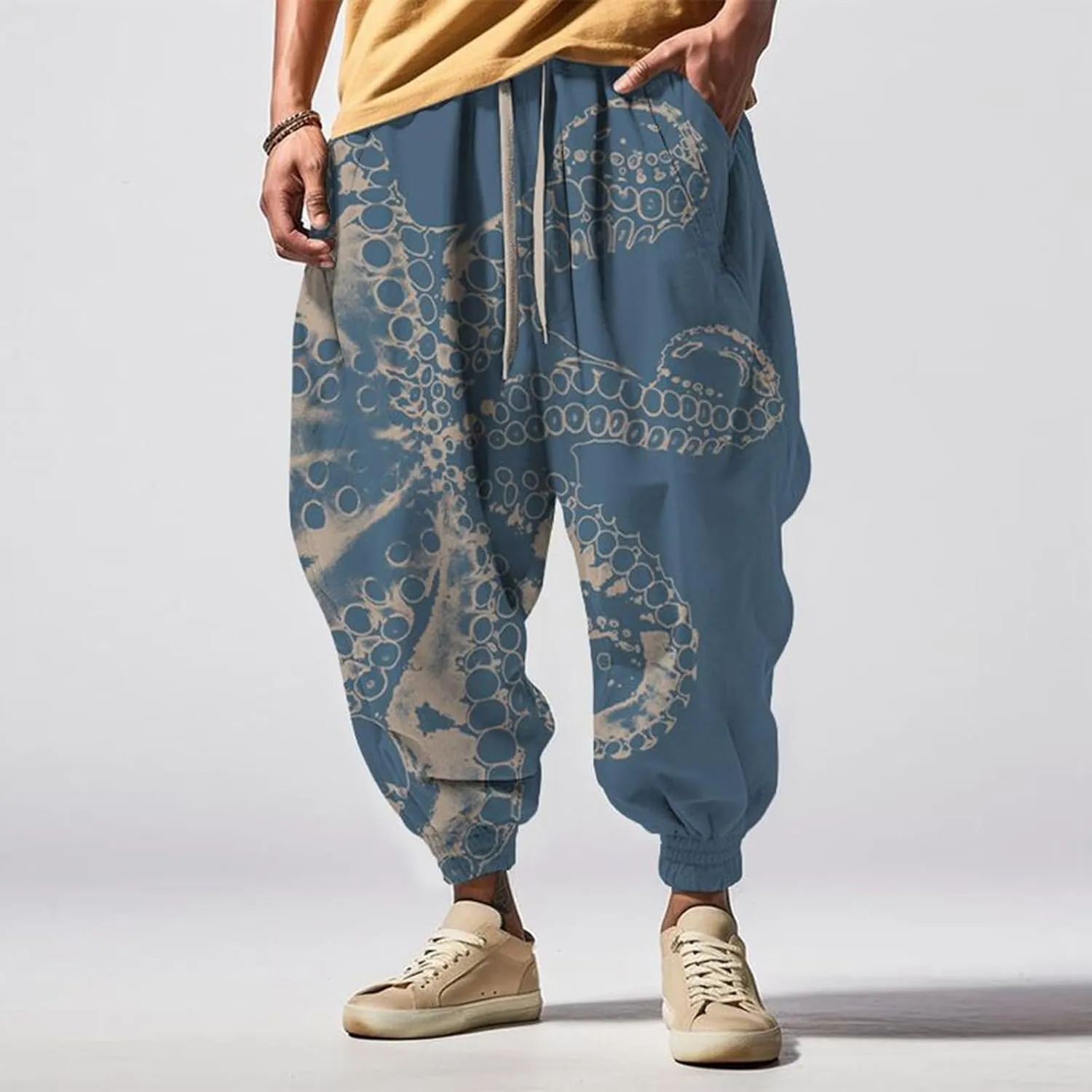 Mens Casual Harem Pants Fashion Street Feel Casual Sweatpants Mens Japanese Art Graphic Printed Casual Pants Linen