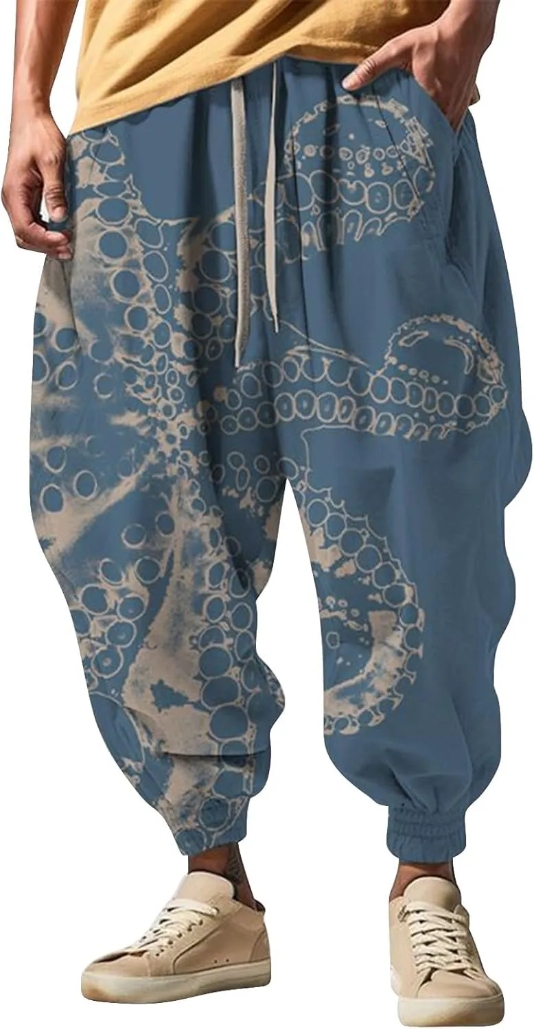 Mens Casual Harem Pants Fashion Street Feel Casual Sweatpants Mens Japanese Art Graphic Printed Casual Pants Linen