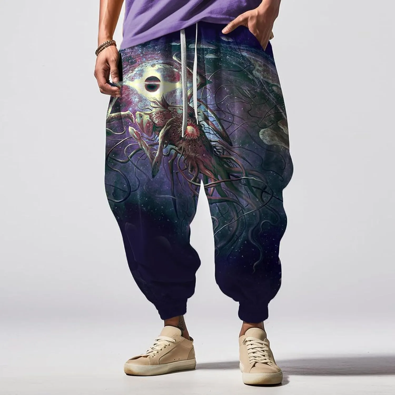 Mens Casual Harem Pants Fashion Street Feel Casual Sweatpants Mens Japanese Art Graphic Printed Casual Pants Linen