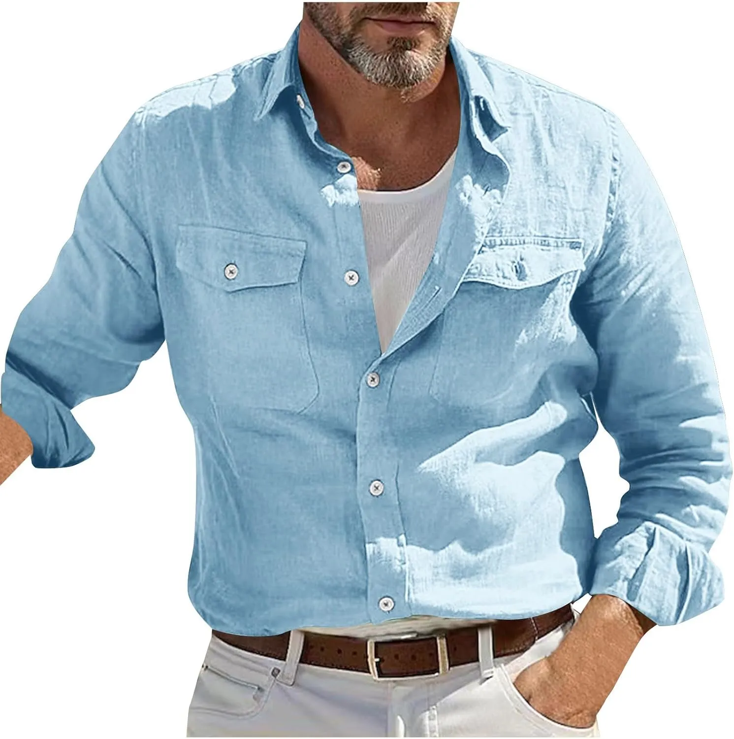 Mens Casual Solid Color Long Sleeve Shirts Cotton Linen Lapel Shirt with Pockets Casual Lightweight Button Down Tops