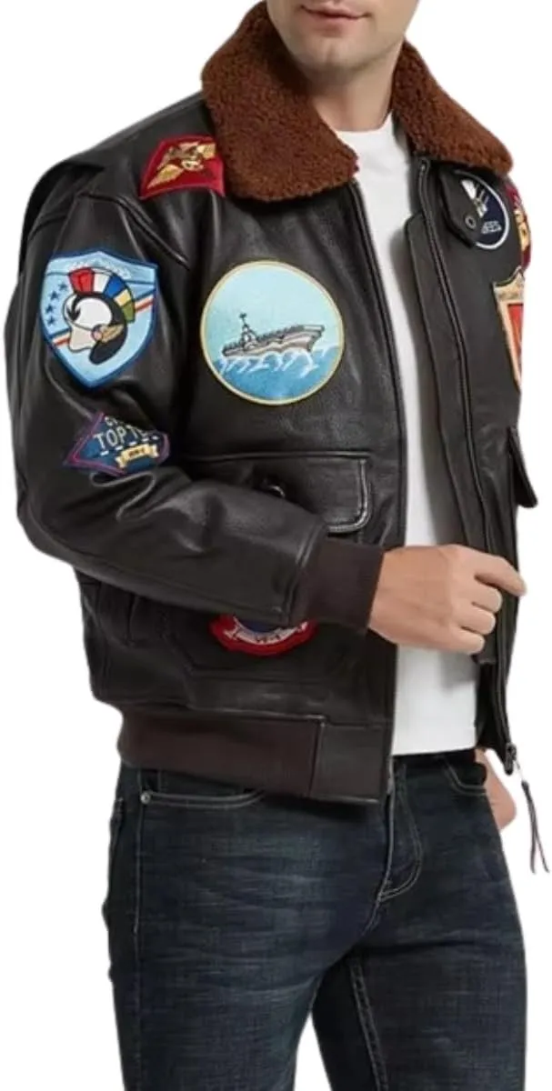Men’s Classic Aviator USAAF G1 Bomber Jacket – Flying Pilot Leather Jacket with Removable Fur Collar