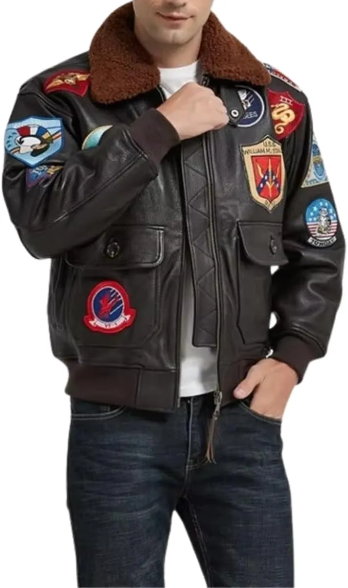 Men’s Classic Aviator USAAF G1 Bomber Jacket – Flying Pilot Leather Jacket with Removable Fur Collar
