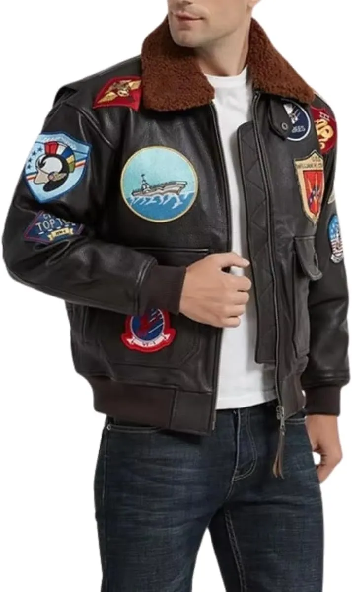 Men’s Classic Aviator USAAF G1 Bomber Jacket – Flying Pilot Leather Jacket with Removable Fur Collar