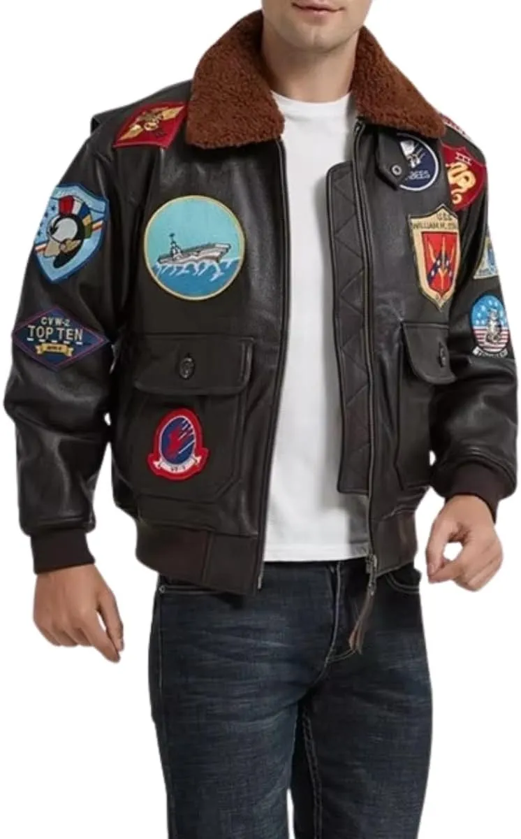 Men’s Classic Aviator USAAF G1 Bomber Jacket – Flying Pilot Leather Jacket with Removable Fur Collar