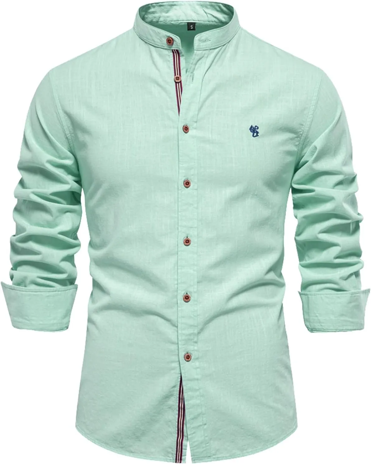 Mens Cotton Linen Banded Collar Beach Shirts Long Sleeve Slim Fit Business Dress Shirts Casual Button Down Work Tops