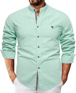 Mens Cotton Linen Banded Collar Beach Shirts Long Sleeve Slim Fit Business Dress Shirts Casual Button Down Work Tops