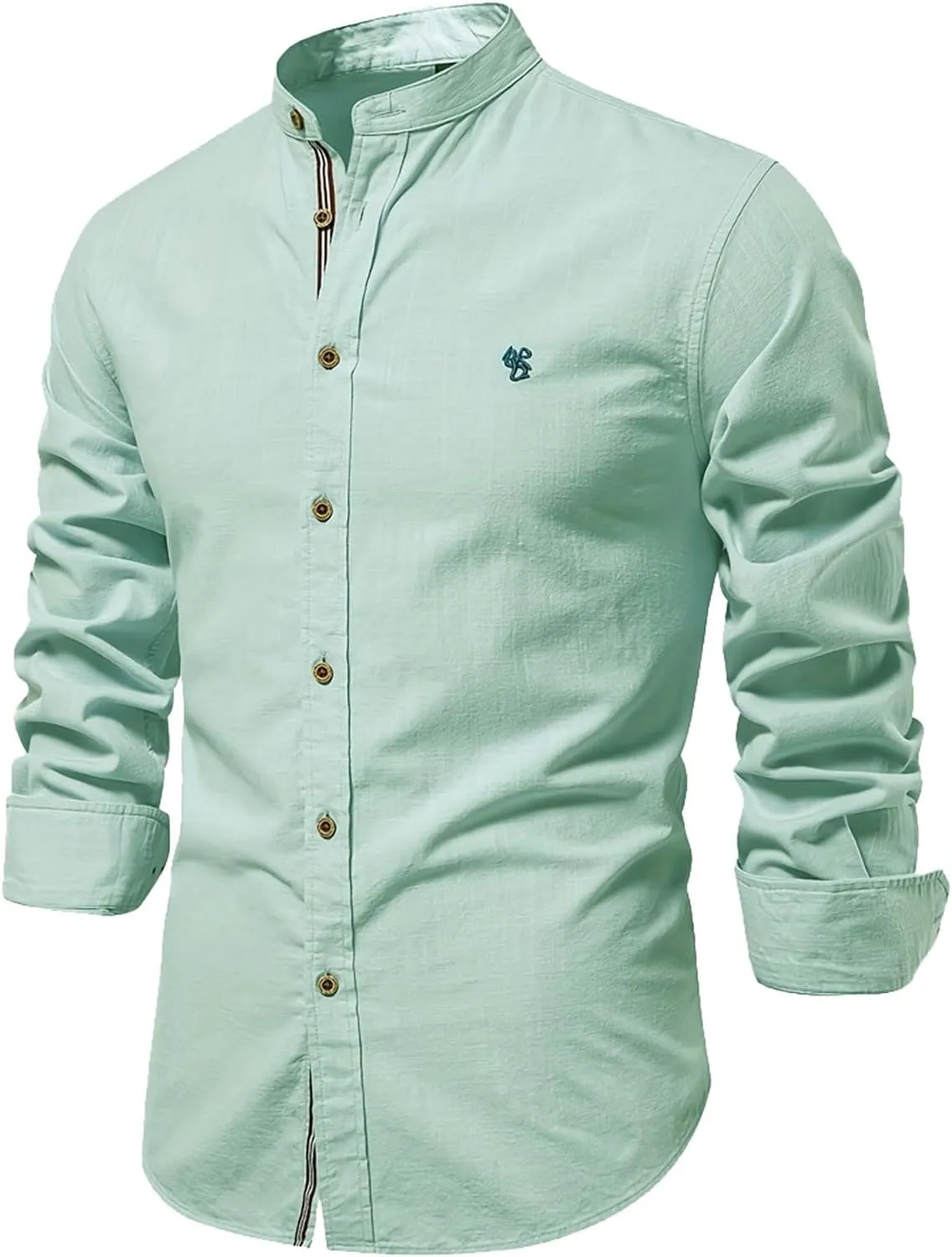 Mens Cotton Linen Banded Collar Beach Shirts Long Sleeve Slim Fit Business Dress Shirts Casual Button Down Work Tops