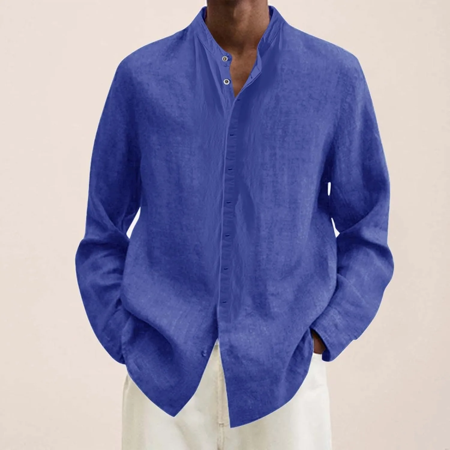 Men's Cotton Linen Shirt Long Sleeve Button Down Solid Color Shirts Lightweight Breathable Spring and Summer T Shirt