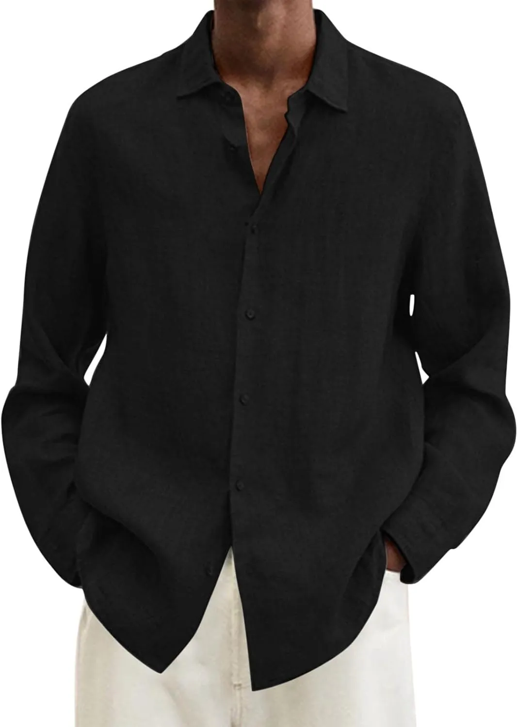 Men's Cotton Linen Shirt Long Sleeve Button Down Solid Color Shirts Lightweight Breathable Spring and Summer T Shirt