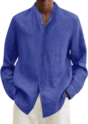 Men's Cotton Linen Shirt Long Sleeve Button Down Solid Color Shirts Lightweight Breathable Spring and Summer T Shirt